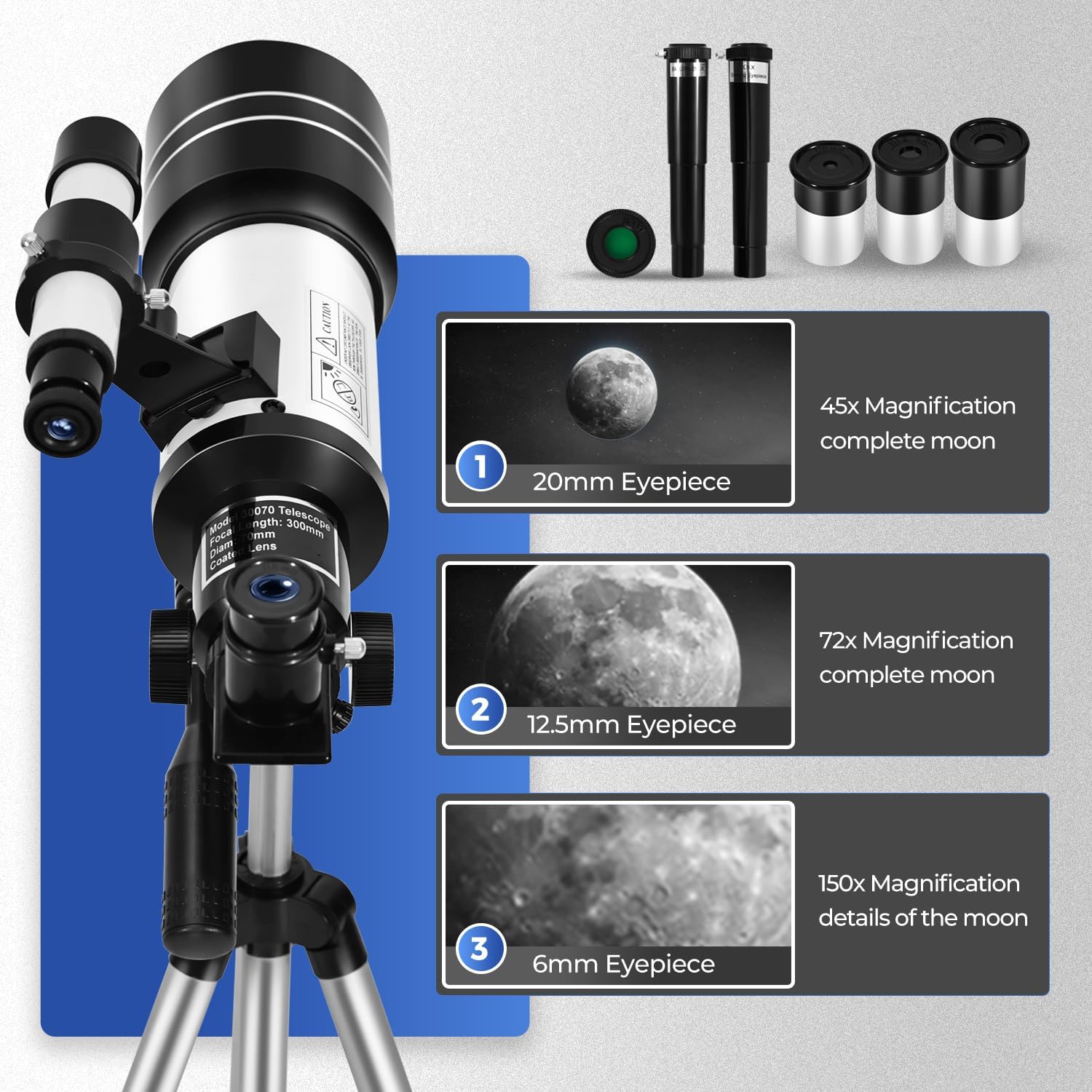 Telescope for Kids & Beginners, 70mm Aperture Portable Telescopes with 3 Eyepieces, Height Adjustable Tripod & Phone