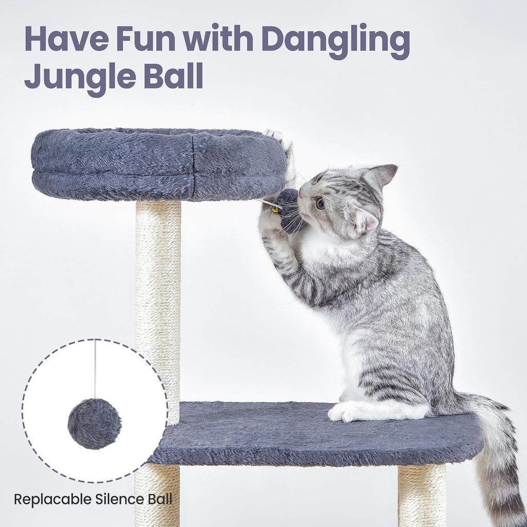 Small Cat Tree Tower with Lots of Scratching Posts - 42 Inch Medium Compact Cats Scratch House with Hammock Perch for