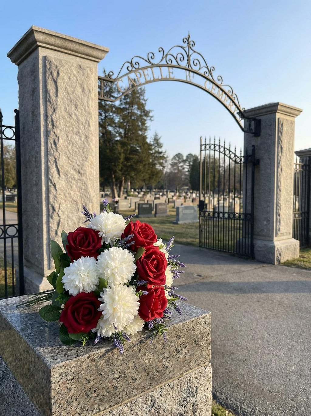 Artificial Spring Cemetery Flowers for Grave Vase - Red Roses & White Ball Chrysanthemums Bouquet, Silk Funeral