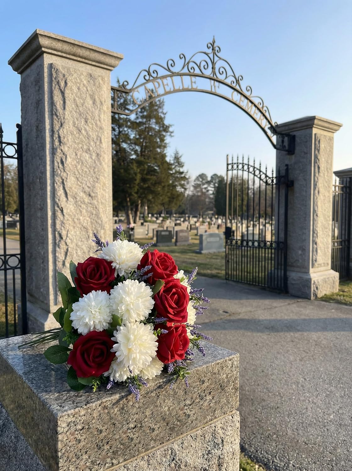 Artificial Spring Cemetery Flowers for Grave Vase - Red Roses & White Ball Chrysanthemums Bouquet, Silk Funeral