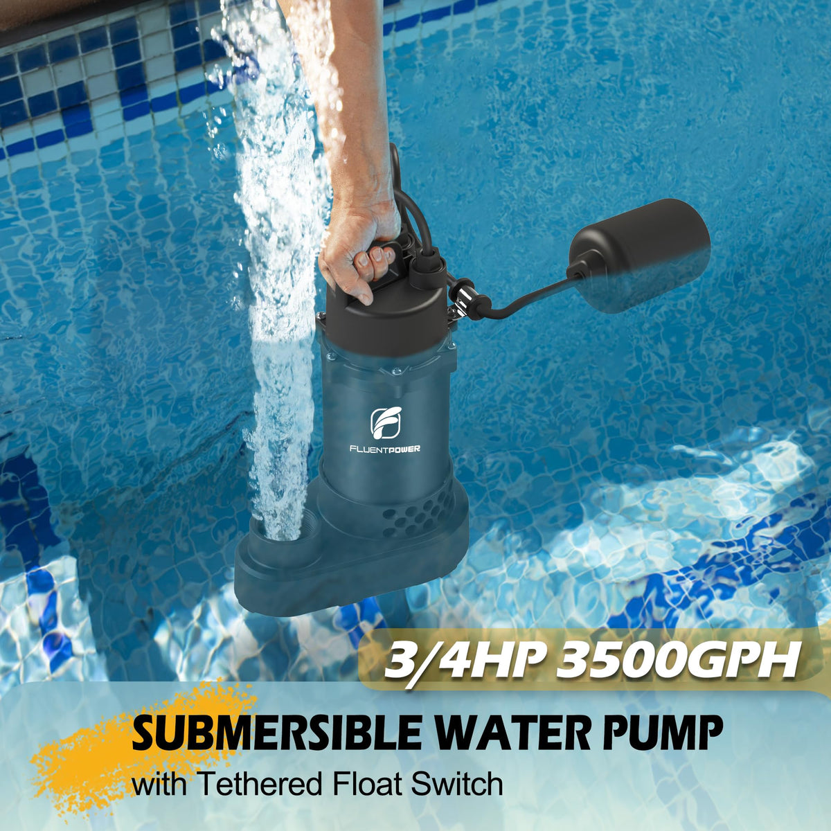 FLUENTPOWER 3/4 HP Submersible Sump Pump, 3500 GPH, Tethered Float Switch