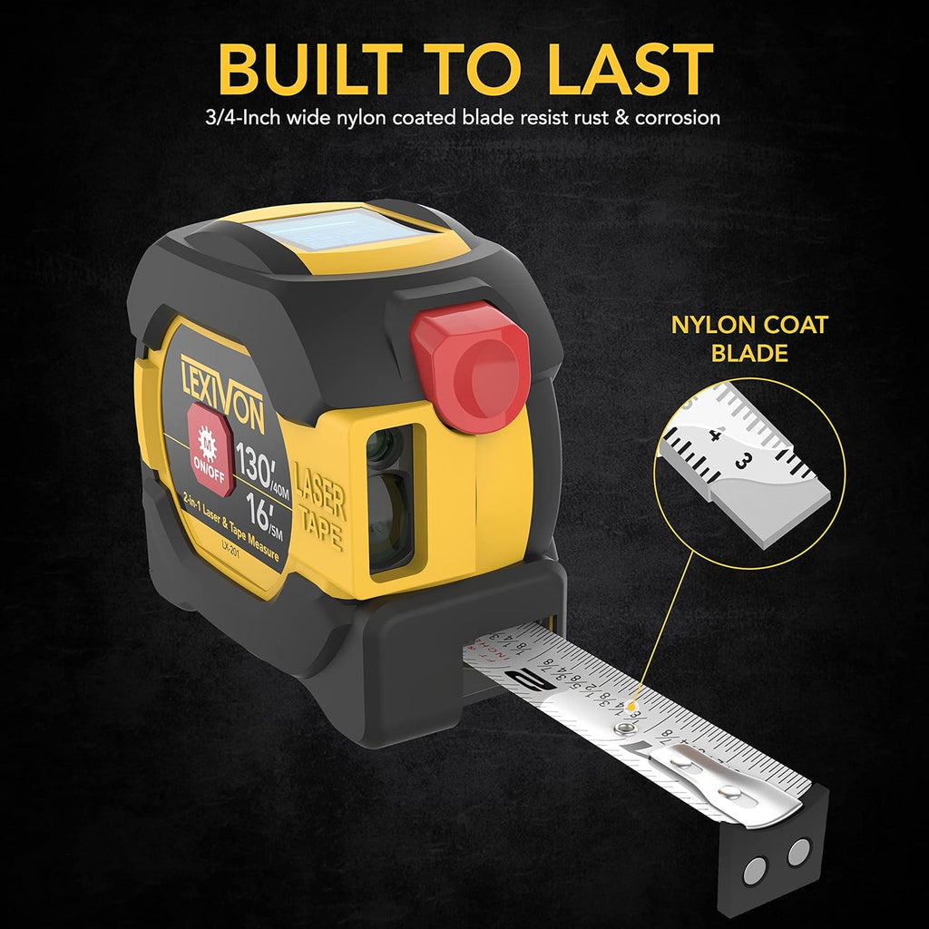 2 in 1 Digital Laser Tape Measure | 130ft/40m Laser Distance Meter Display On Backlit LCD Screen with 16ft/5m