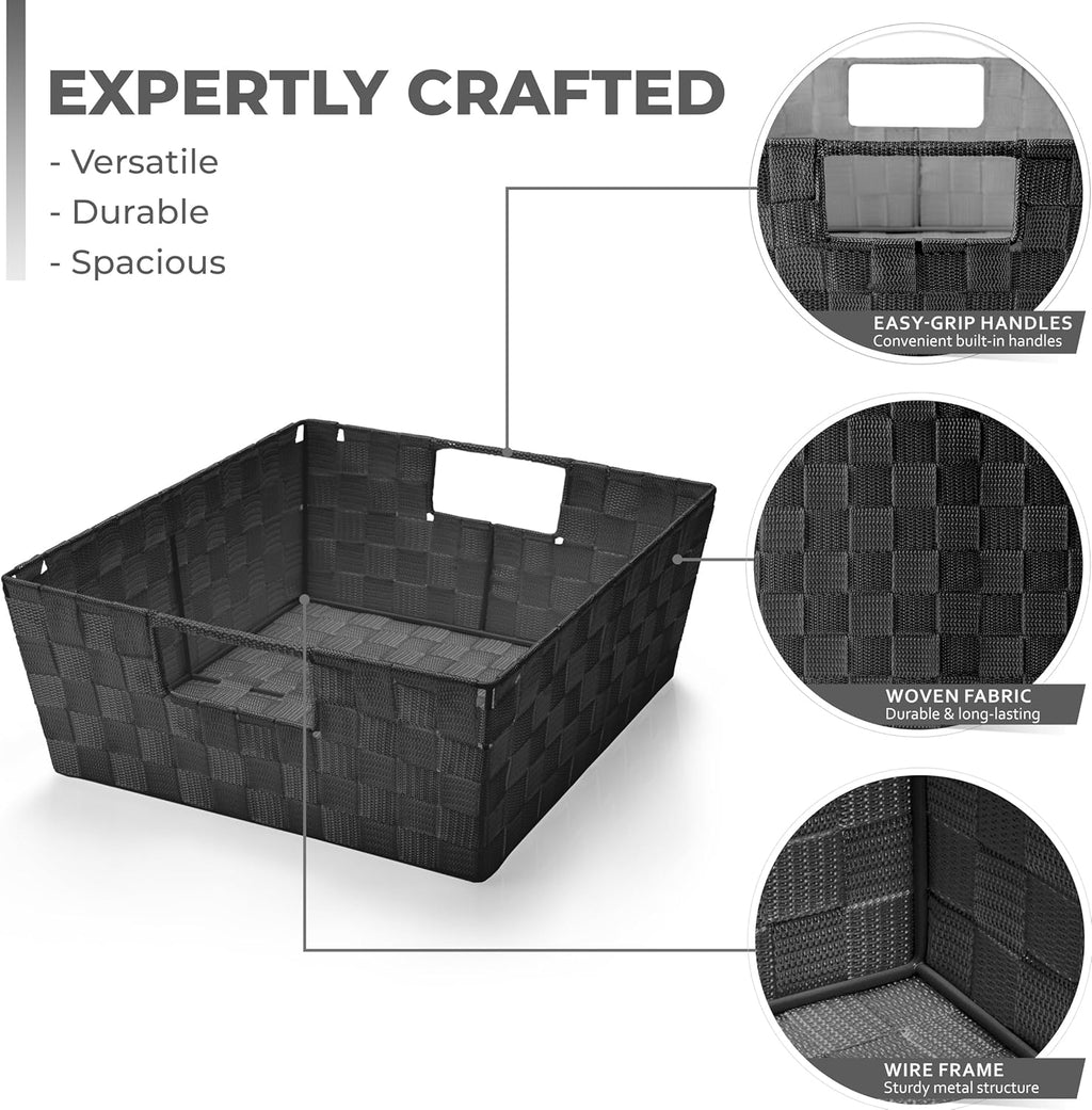 Set of 3 Large Woven Storage Baskets – Mesh Hand-Woven Baskets for Organizing, Fabric Storage Bins for Linen Closet