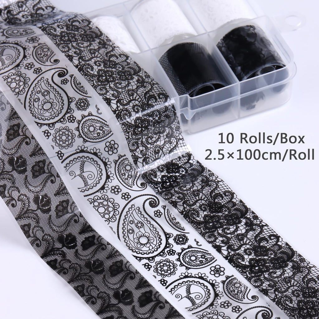 10 Rolls Lace Nail Foil White and Black Nail Transfer Foil Stickers