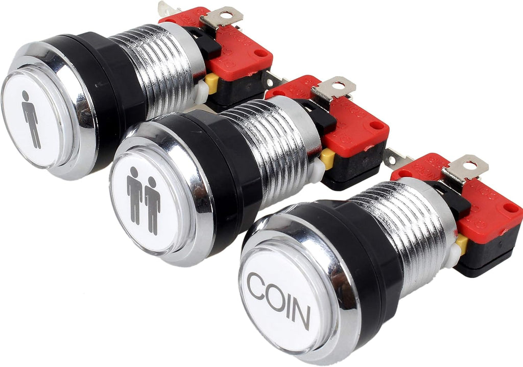Arcade Buttons Chrome Silver Plated 5V & 12V LED Iit Push Button | 1P / 2P Player Start Buttons / 2x Coin Buttons