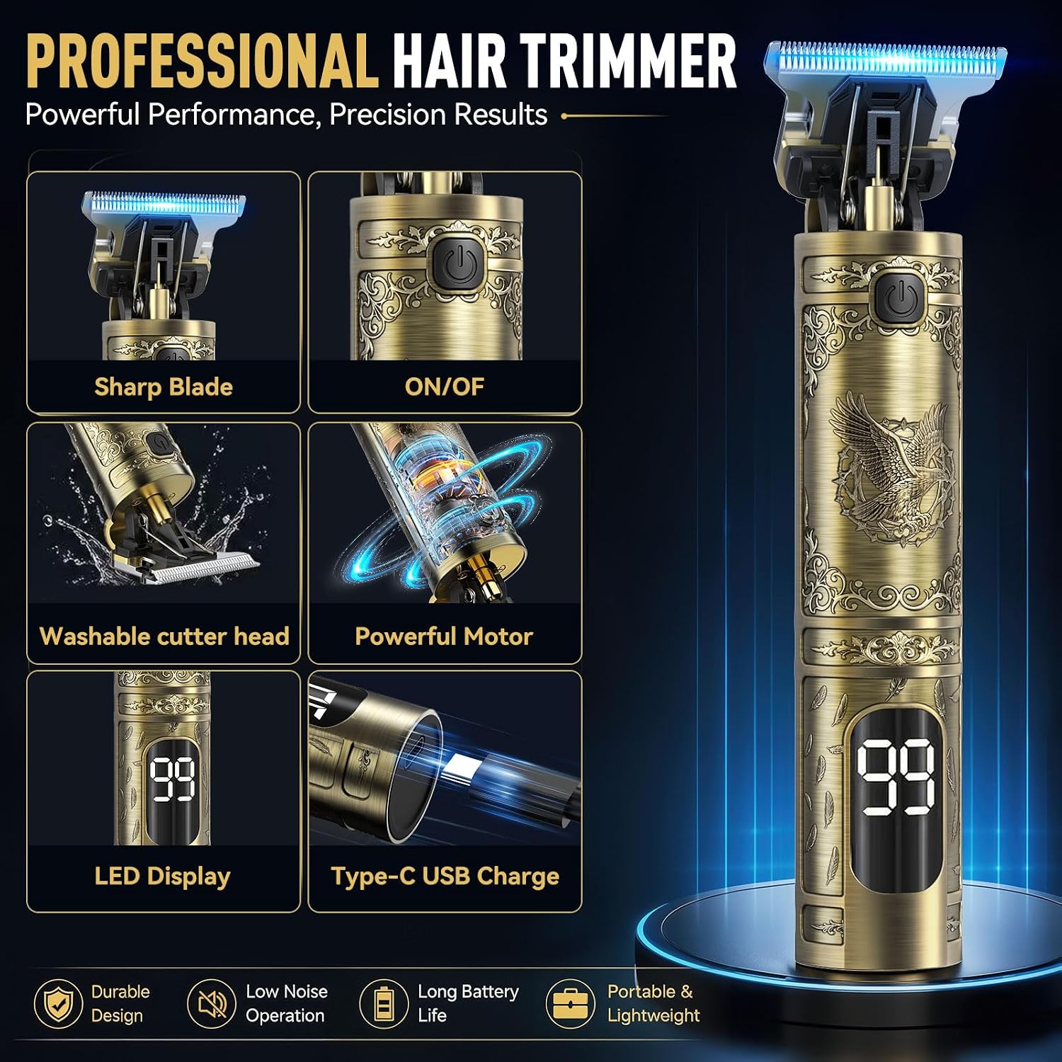 Beard Trimmer, Vintage T-Blade Hair Clippers, Next-Gen Upgrade | 180-min Running Time, Wire Drawing Process, Type-C