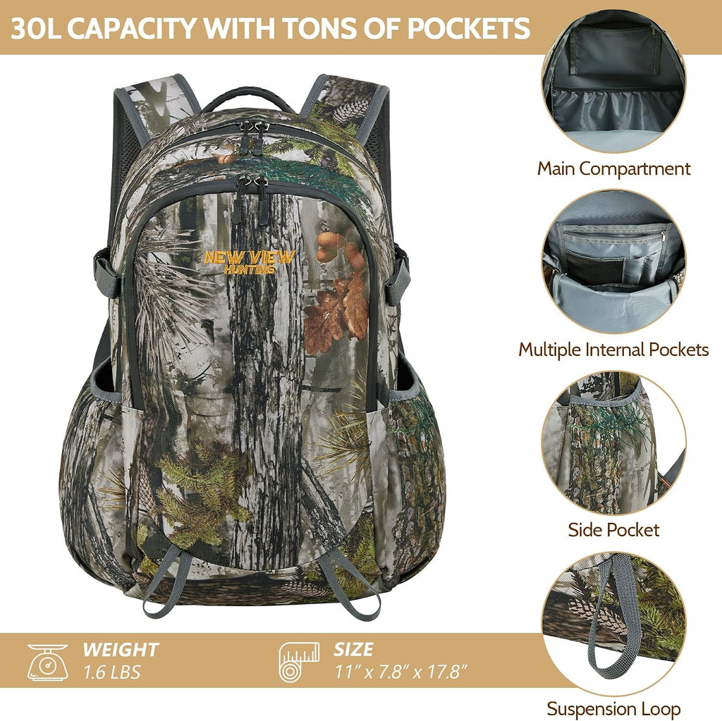 Kids Hunting Backpack 30L, Camo Day Pack for Youth Hunting, Hunting Gear for Boys Ages 7-14, Size 13x6.3x17.7 Inches