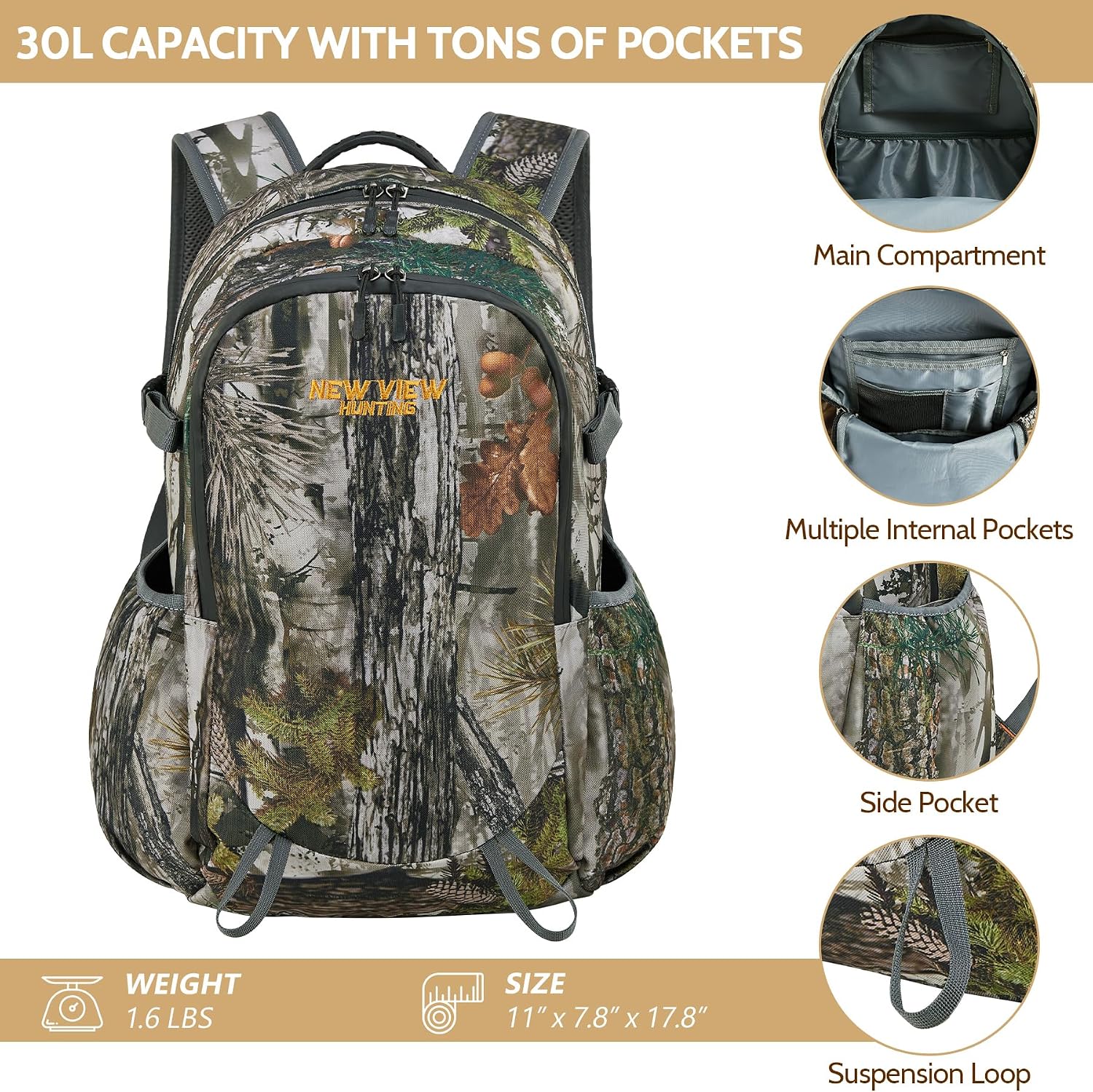 Kids Hunting Backpack 30L, Camo Day Pack for Youth Hunting, Hunting Gear for Boys Ages 7-14, Size 13x6.3x17.7 Inches