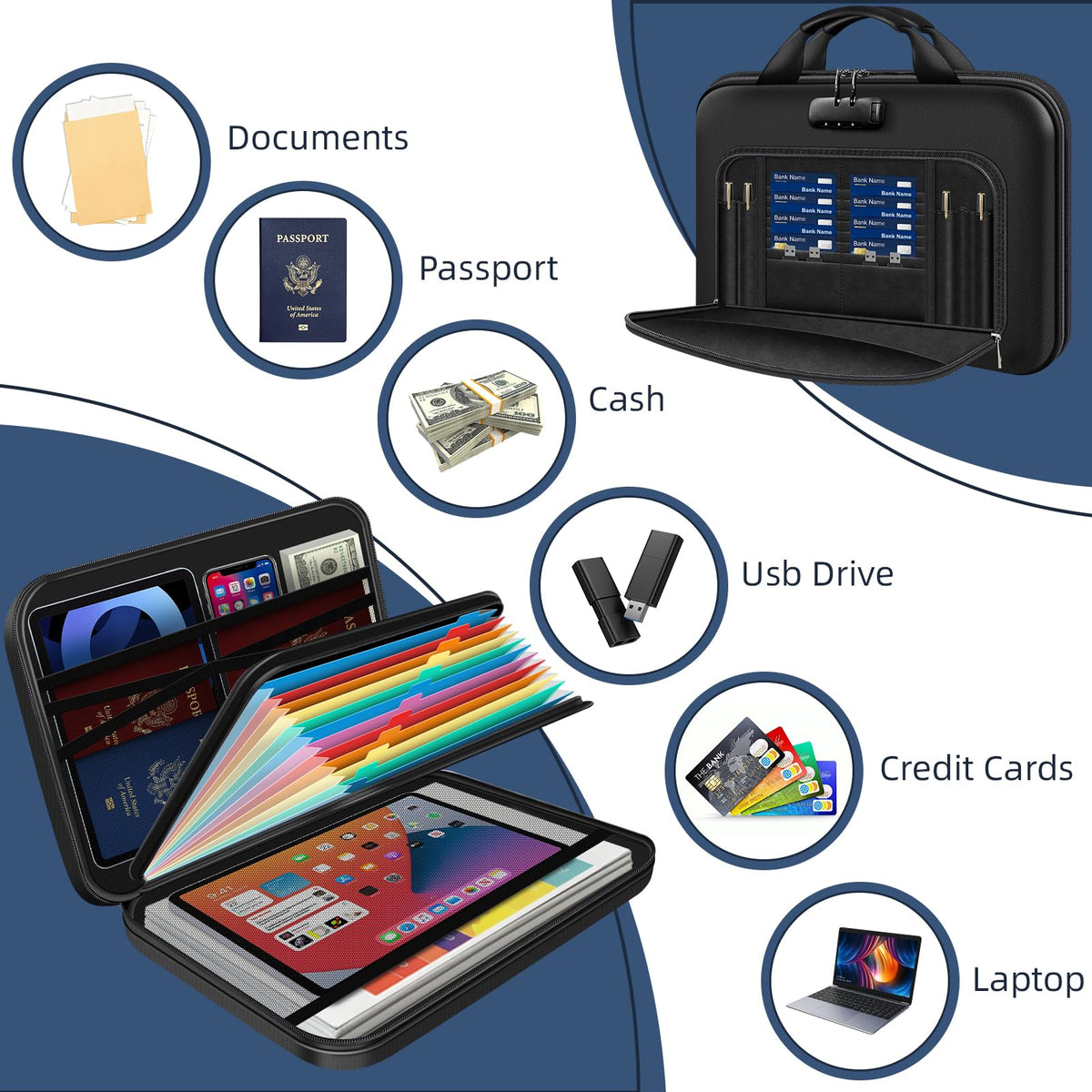 Hard Shell Fireproof Document Box with Combination Lock, 13 Pockets Accordion File Organizer, Important Document Safe