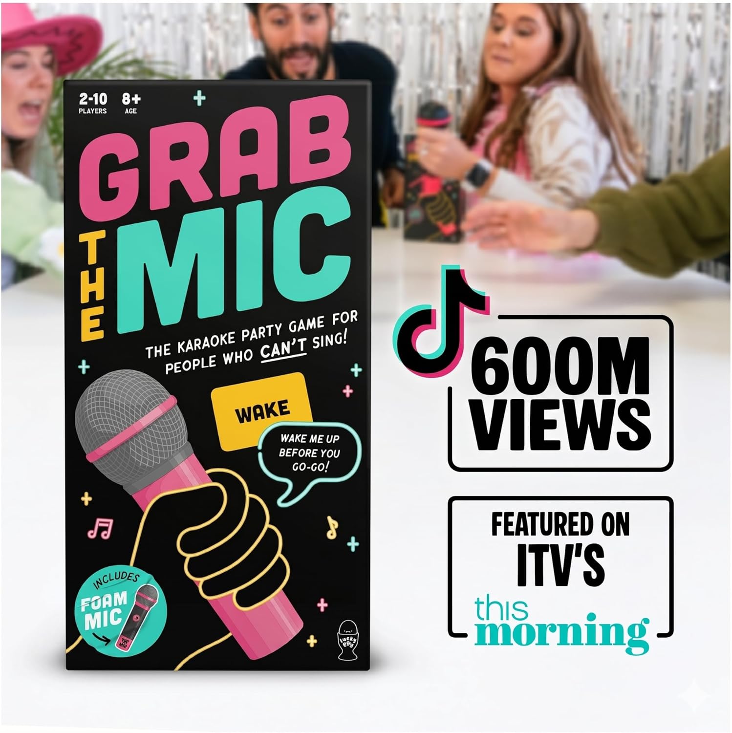 Official Grab The Mic – Family Karaoke Board Game w/Foam Mic, 8+ Ages, 2-10 Players - Games for Bad Singers w/ 230