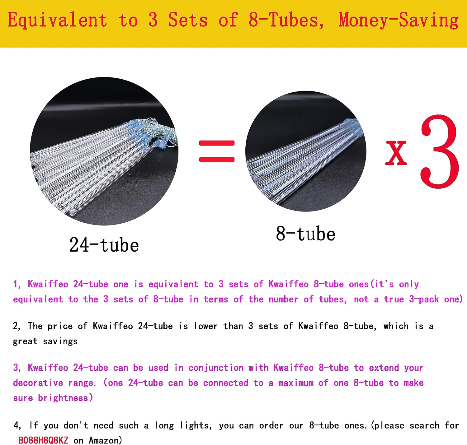 Christmas Lights Outdoor, 24 Tubes Meteor Shower Lights for Xmas Decoration | Equal to 3 Sets of 8-Tubes, Waterproof