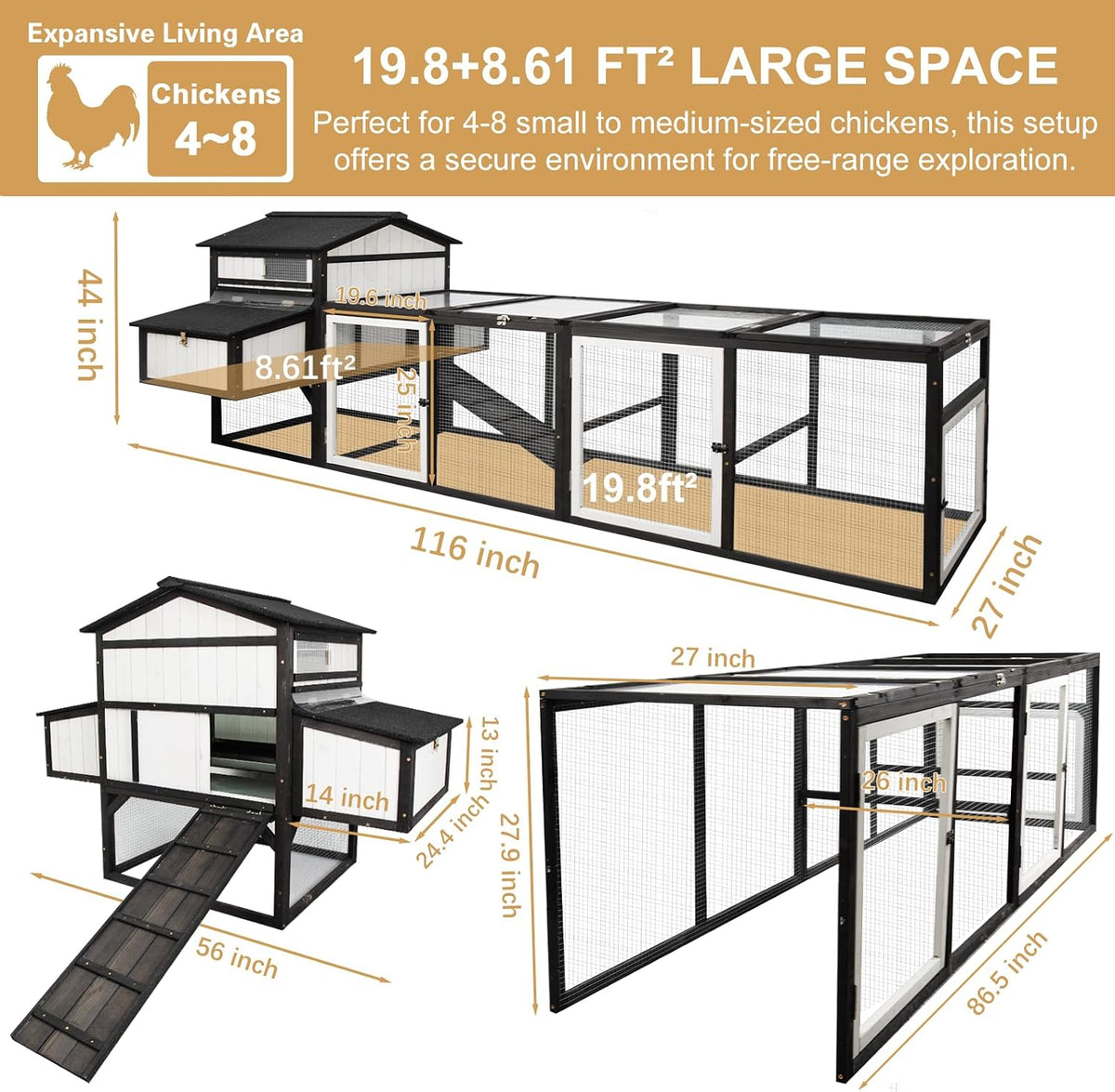 116" Large Outdoor Chicken Coop with Run & 4 Nesting Boxes