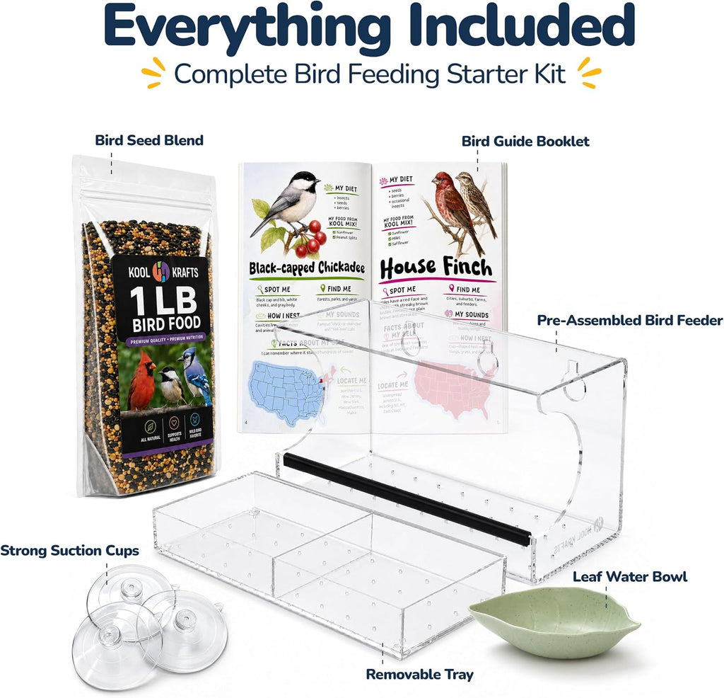 Window Bird Feeder Kit for Kids & Families – Includes 1 lb USA Made Bird Food, 24-Page Educational Bird Guide
