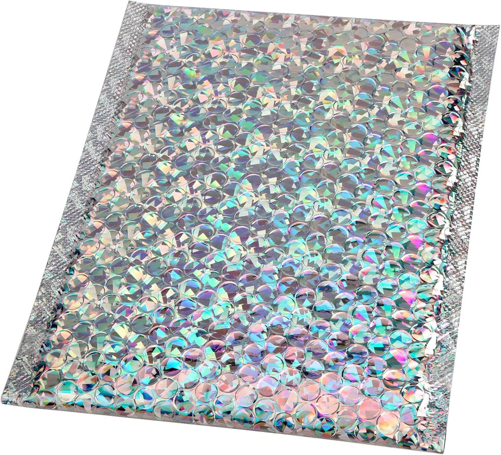 50 Pieces 6 x 10 Inch Holographic Bubble Mailers, Silver Metallic Padded Bubble Mailers, Glamour Self Sealing Cushion