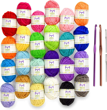 Crochet and Knitting Starter Kit for Colorful Arts and Crafts - 24 Yarn Skeins with 525 Yards of Multicolored Thread