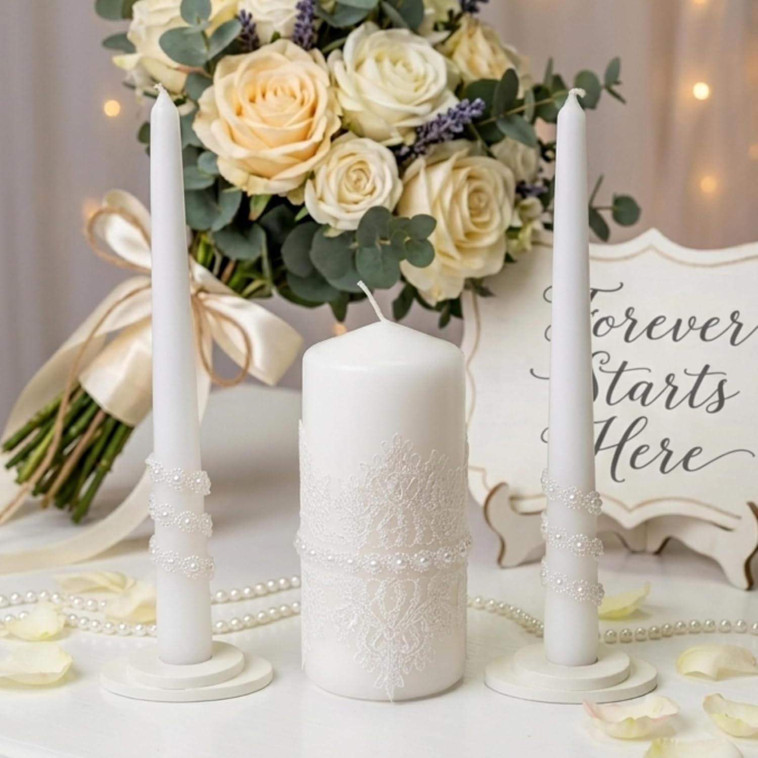 Lace Elegance Unity Candle Set for Wedding Ceremony & Reception, White Unity Candles with Pearl Decor, 6” Pillar &