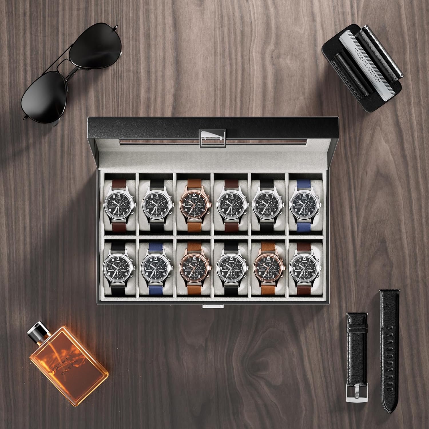 Watch Box Organizer, 12 Slot Watch Display Case, Black | Watches Storage Boxes Holder for Men Women, Large Glass Lid