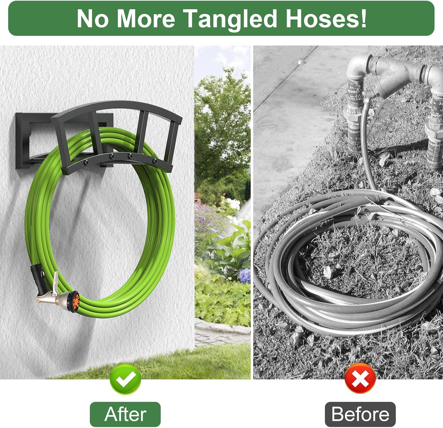 Garden Hose Holder Wall Mounted, Outdoor Heavy Duty Metal Water Hose Holder Hanger Holds 125-ft Water Pipe, Sturdy