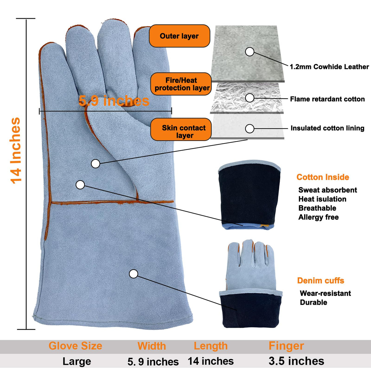 Welding Gloves Heat Fire Resistant Leather Fireproof 14 In L Grey