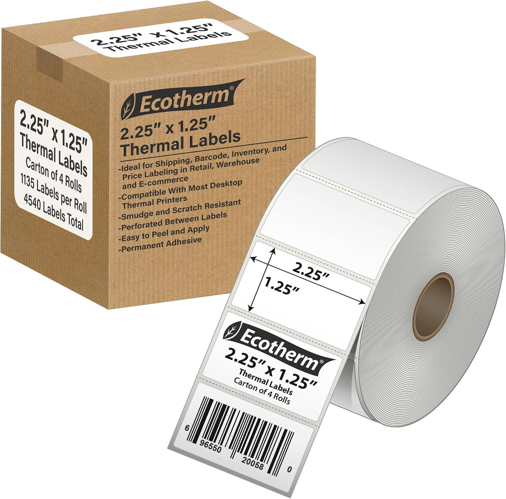 2.25" x 1.25" Thermal Labels | 4 Rolls | 1,135 Labels/Roll | 4,540 Total | fits Zebra, Munbyn, Rollo, Godex, Arkscan