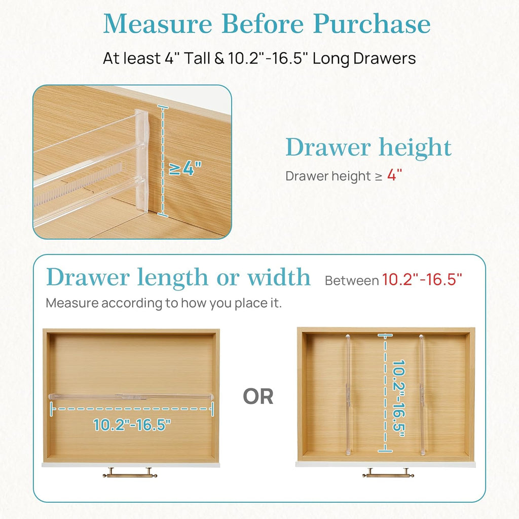 8 Pack Drawer Dividers for Clothes, 4" High 10.2"-16.5" Adjustable Expandable Dresser Drawer Organizer, Clear Plastic