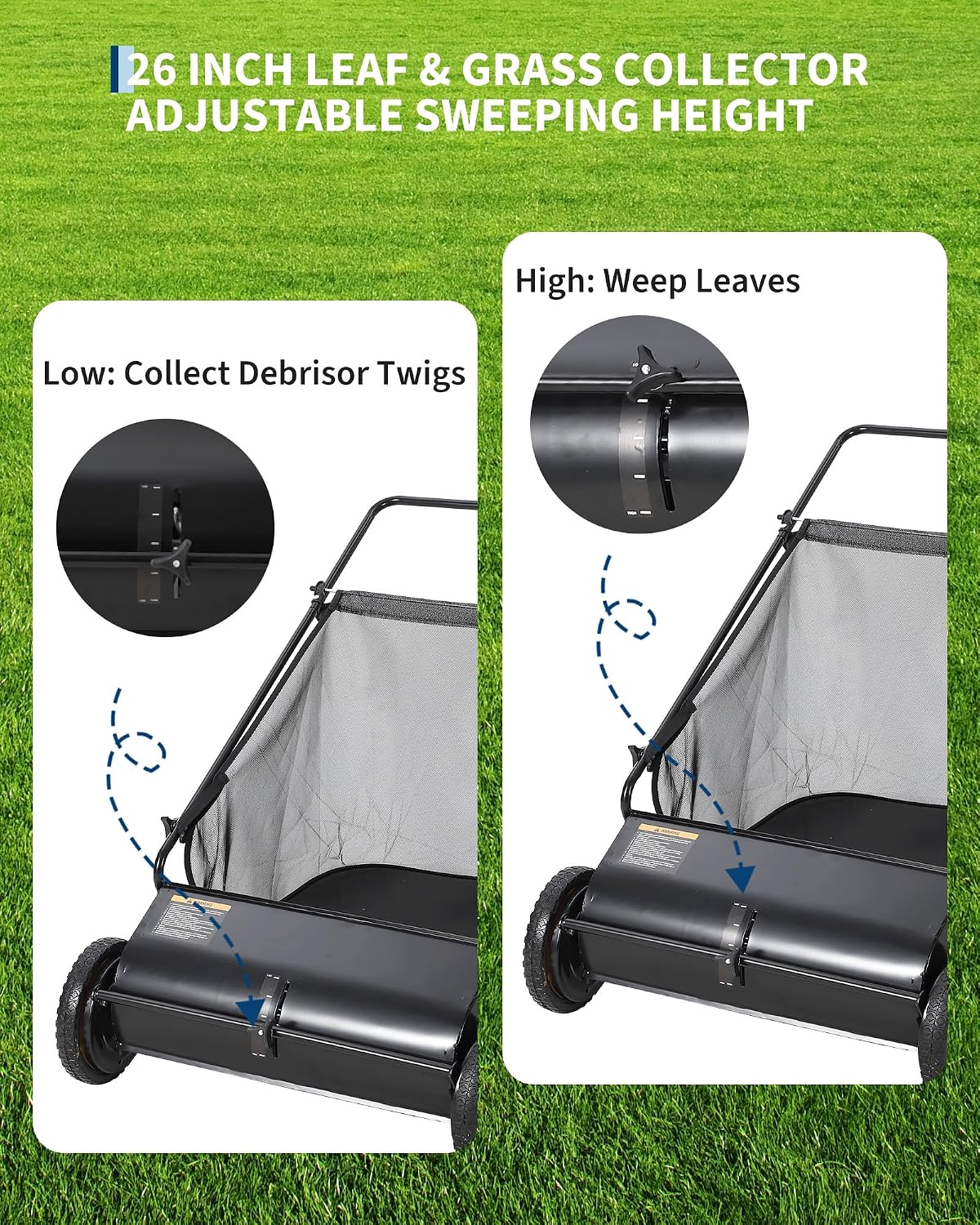 26 Inch Push Lawn Sweeper with 4 Spinning Brushes, 7 Cu.ft Large Capacity Leaf Collector, Adjustable Height Grass