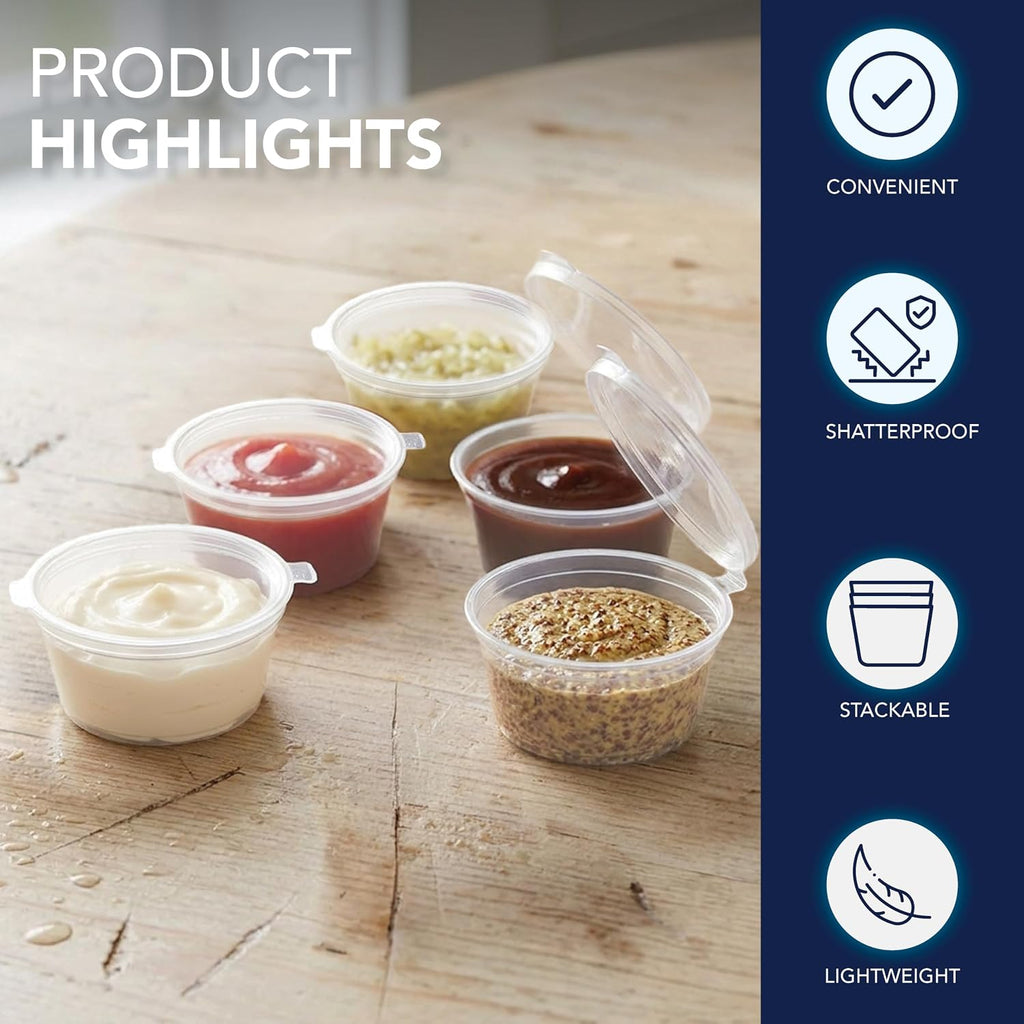 Leak Proof Plastic Condiment Souffle Containers with Attached Airtight Portion Cup with Hinged Lid for Sauces
