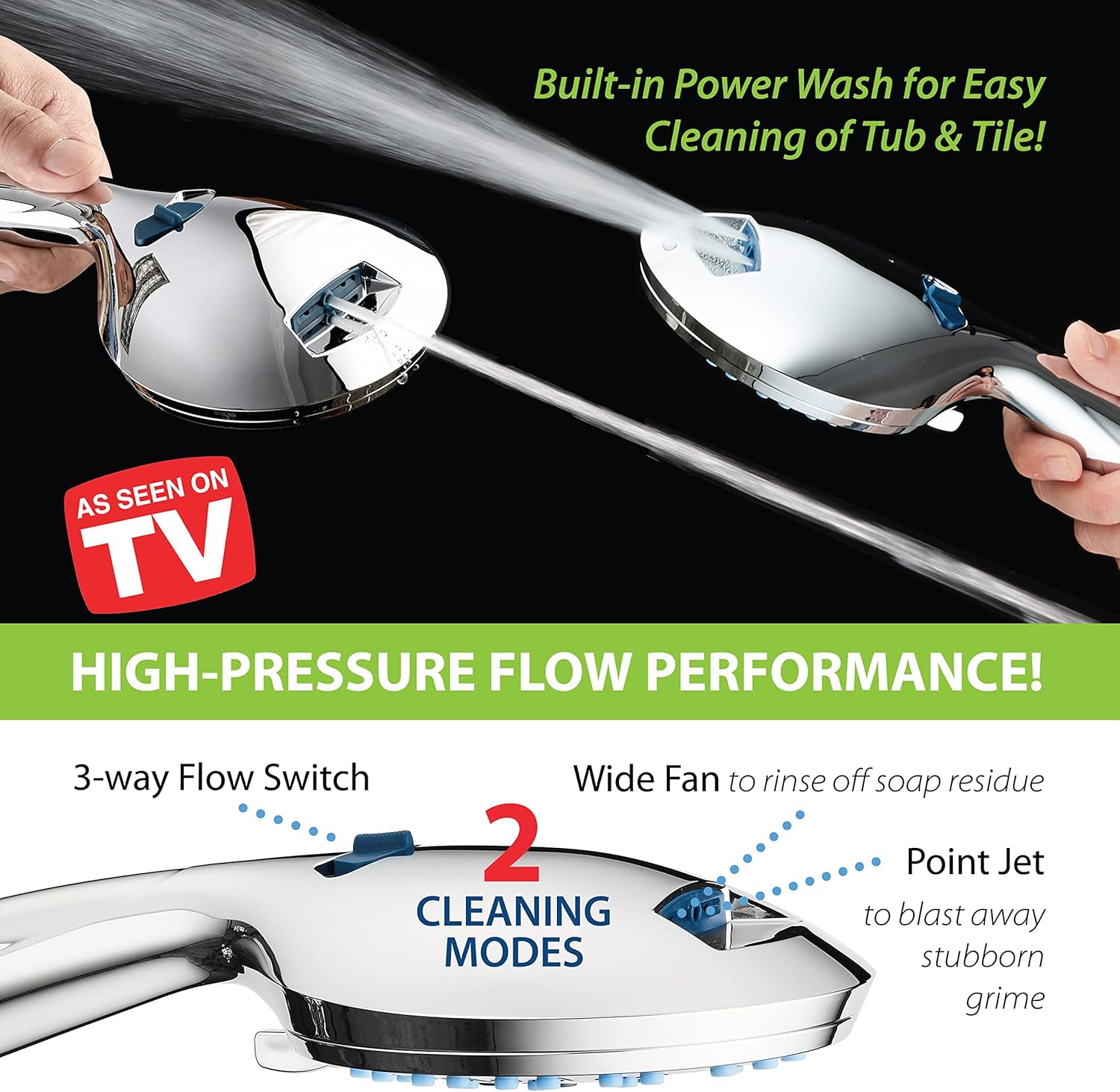 AquaCare 8-mode High Pressure Handheld Shower Head with 2-mode Power Wash | Stay Clean Nozzles, Dual Power Wash for