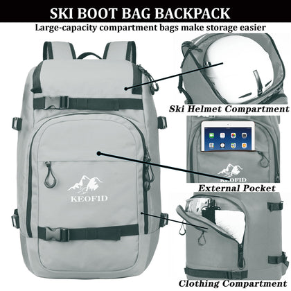 Ski Boot Bag, 50L ski travel backpack, Snowboard Bag,Grey