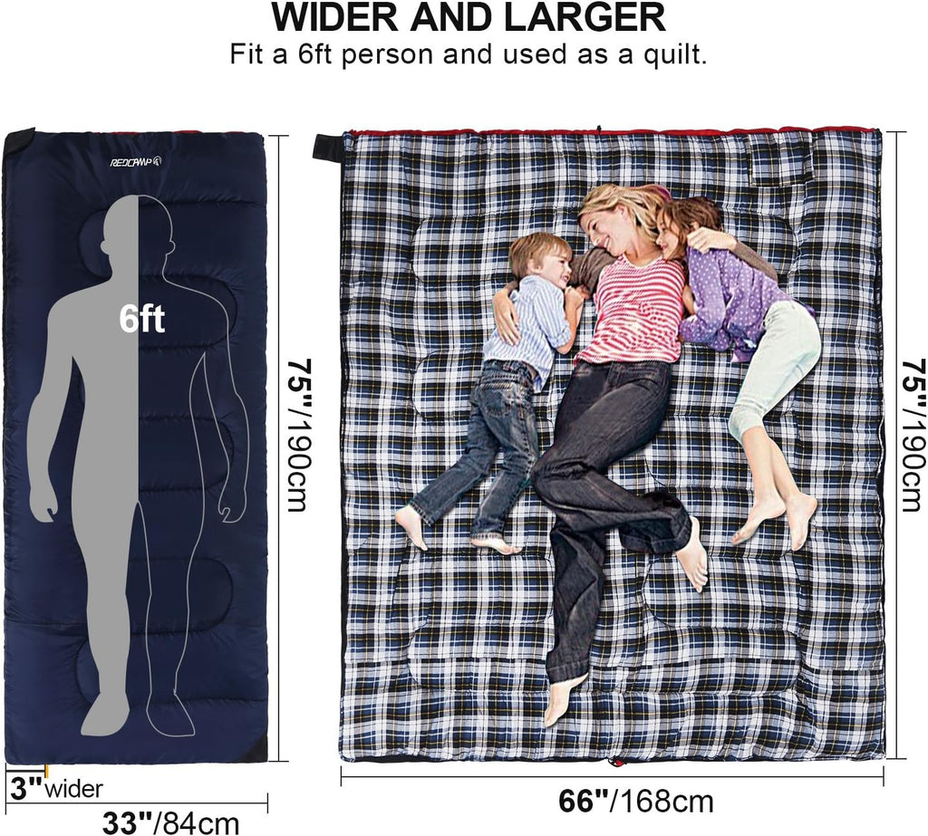 Cotton Flannel Sleeping Bag for Camping Backpacking, Adults Cold Weather Envelope Sleeping Bags with 2/3/4/6lbs Filling