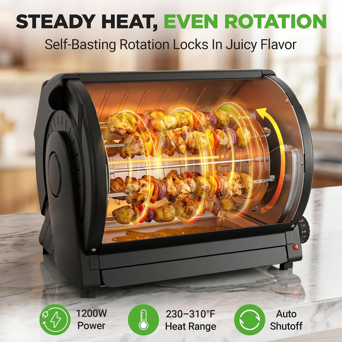 Horizontal Rotating Shawarma Oven | Rotisserie, Shawarma & Kebab Machine | Includes Large 22.4 Quart Capacity, 3-Hour