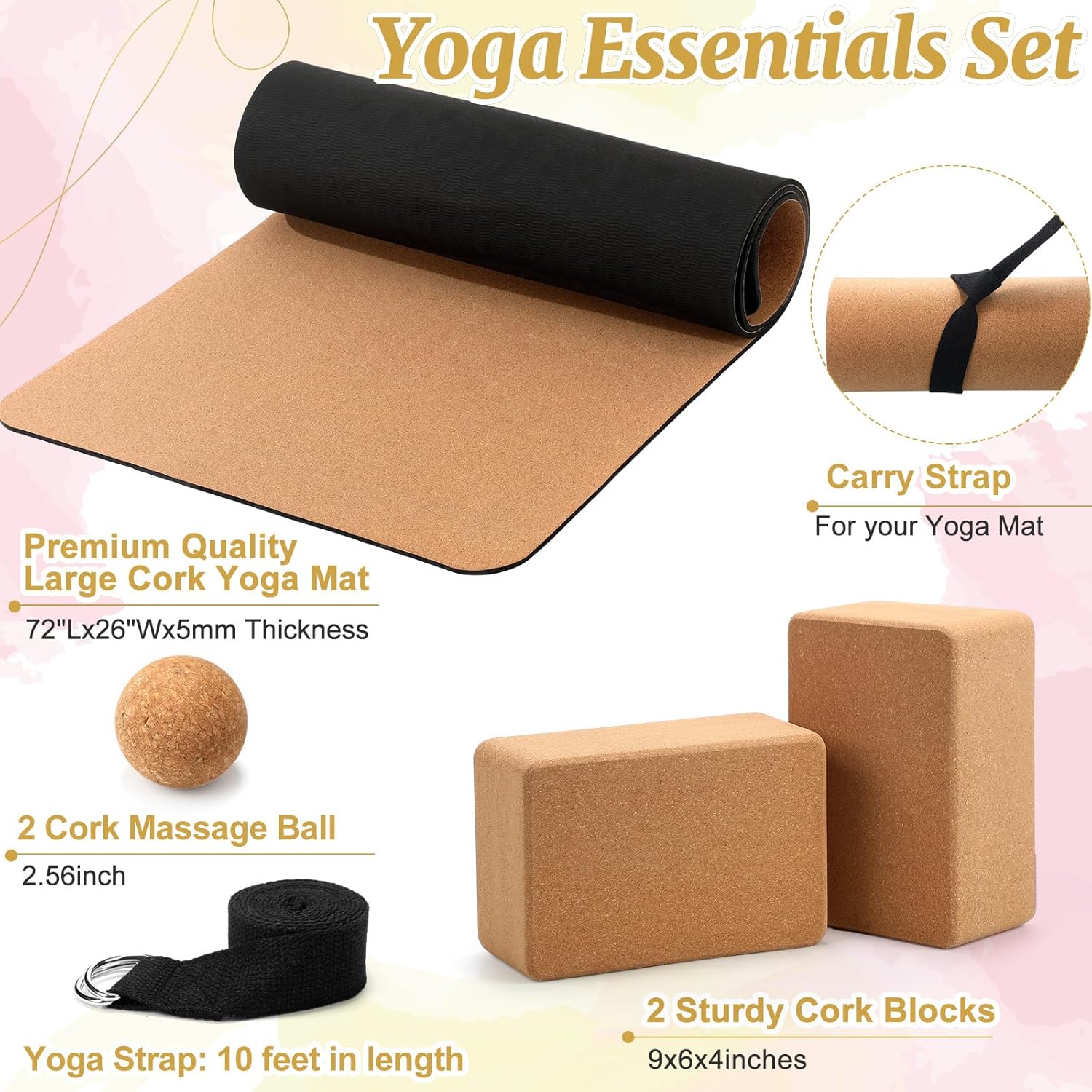 7 Pcs Cork All in One Yoga Essentials Kit Large Cork Yoga Mat and Blocks Set with Carry Strap and Alignment Lines 2