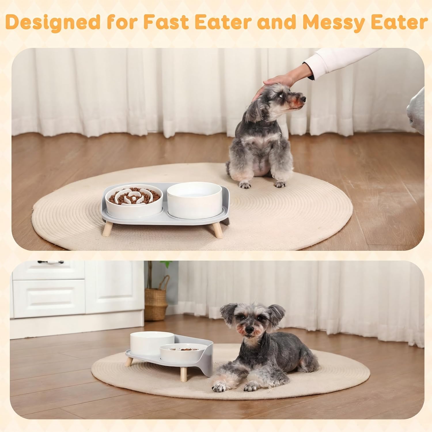 Elevated Slow Feeder Dog Bowls - Ceramic Food and Water Bowl Set with Stand - Raised Pet Dishes for Small and Medium