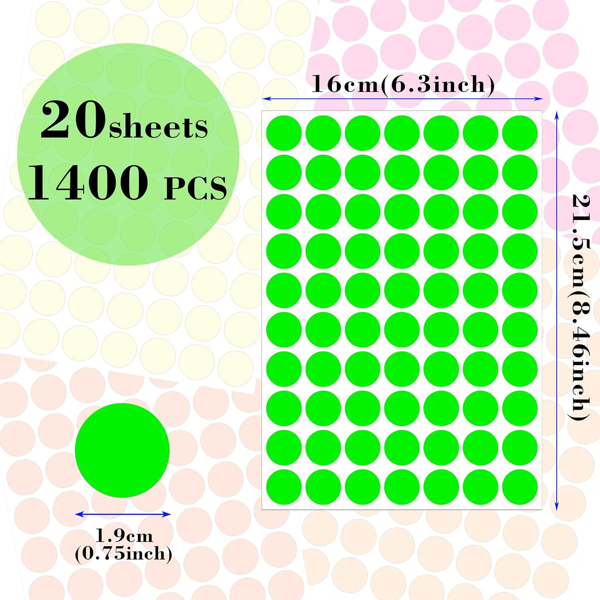 Dot Stickers 3/4 Inch Fluorescent Circle Sticker 1400pcs Colored Dot Labels