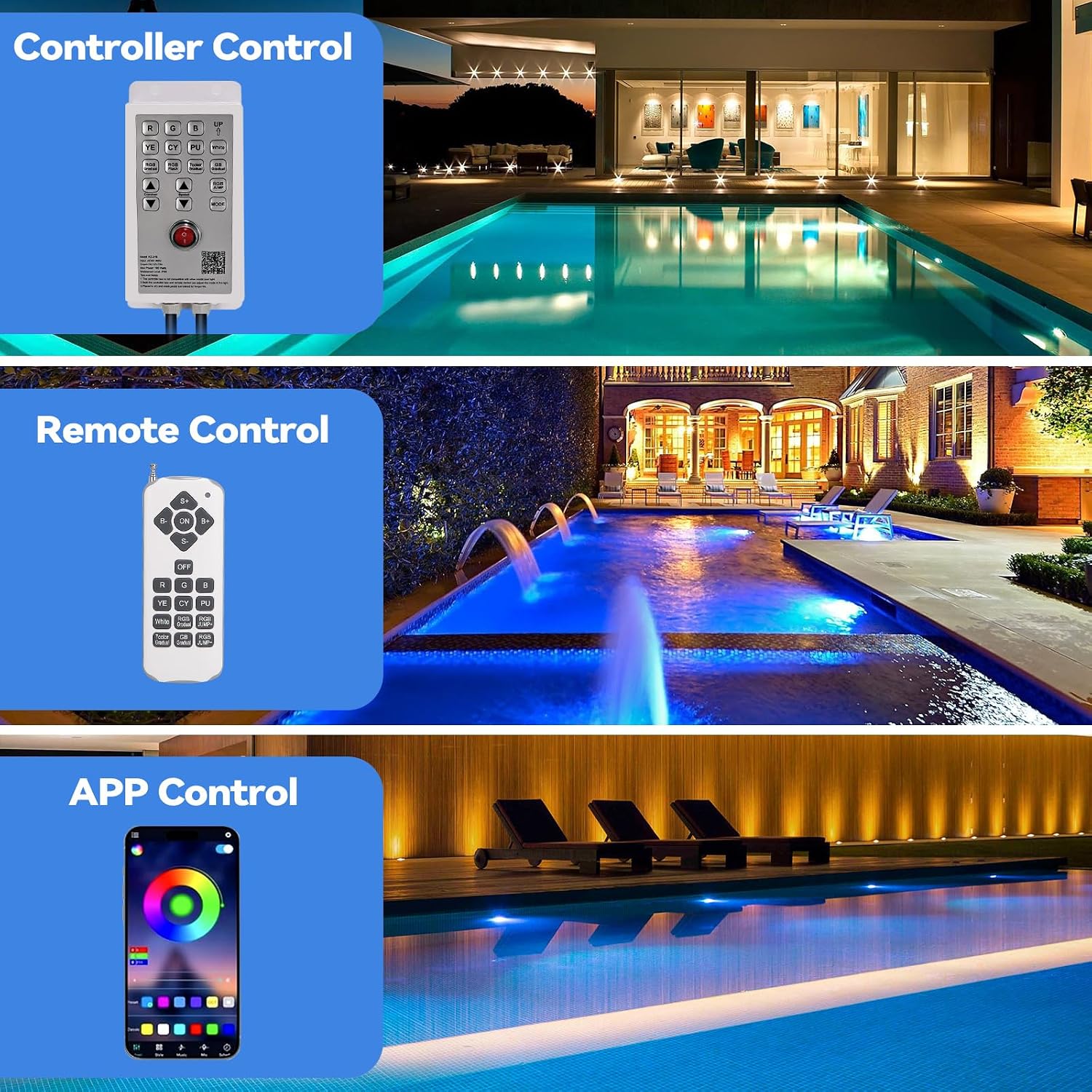 LED Pool Lights for Inground Pool with 3 Control Way (App/Remote/Manual Controller), 54W 10 Inch Color Changing