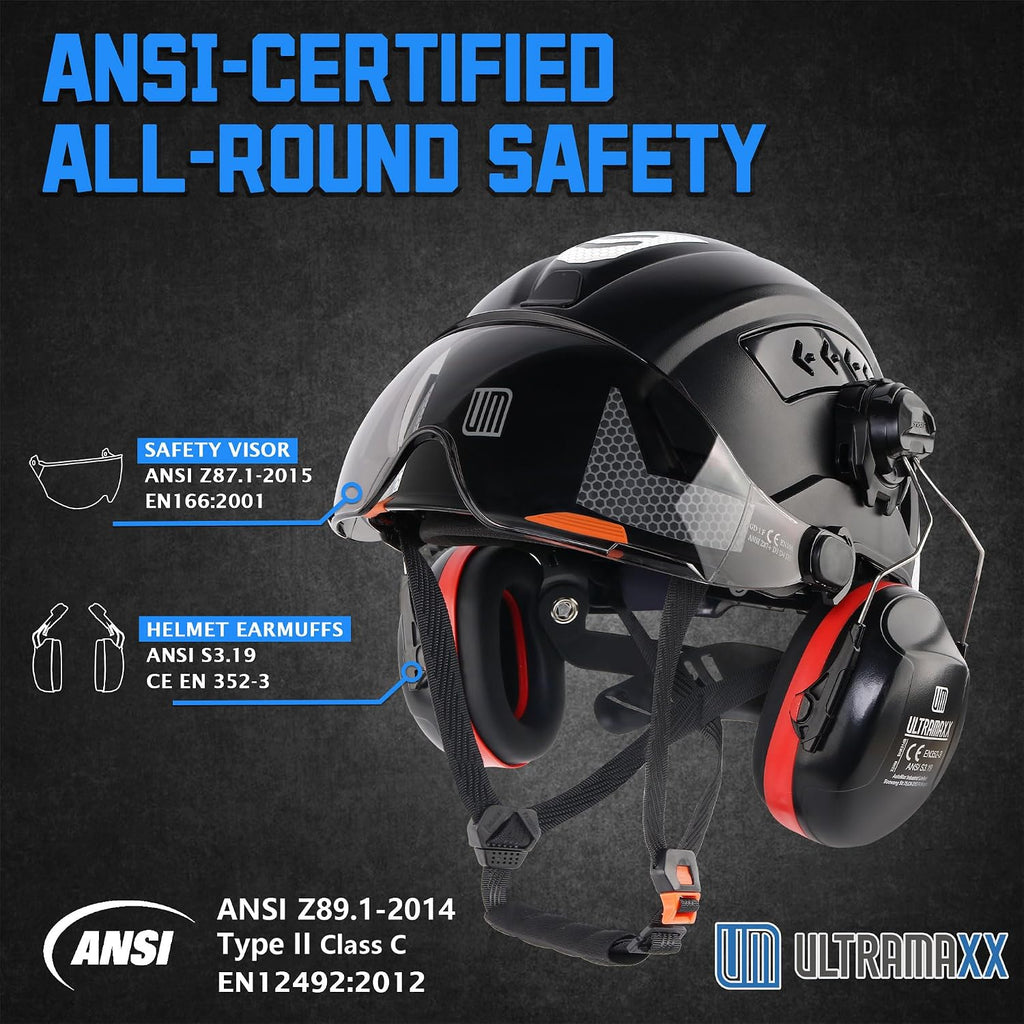 Type II Class C Hard Hat | Adjustable Face Visor & Detachable Ear Muffs | ANSI Z89.1 Certified, 6-Point Ratchet Fit