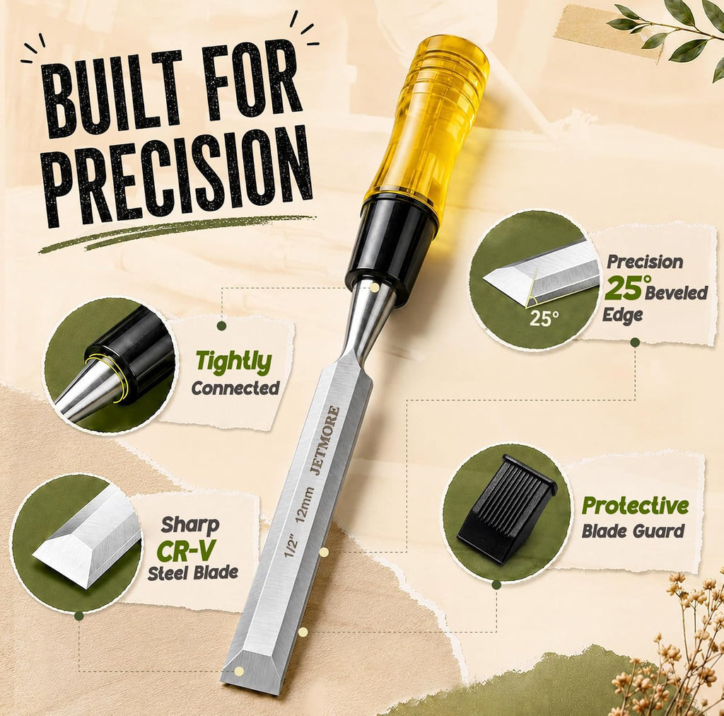 Wood Chisel, 4 Piece CR-V Steel Blades Wood Chisel Sets Woodworking | Chrome-vanadium steel edges support clean cuts