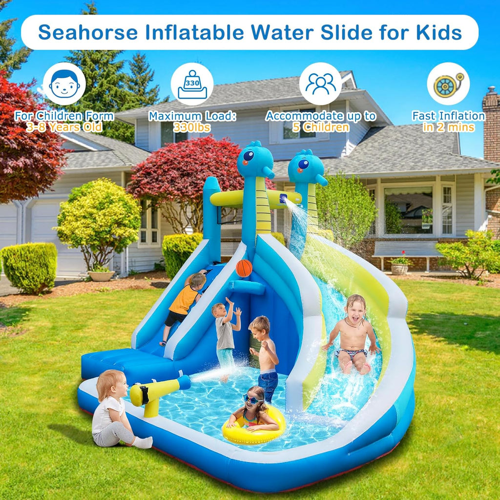 Inflatable Water Slide for Kids Backyard, 5-in-1 Bounce House with Climbing Wall, Splash Pool, Water Cannon &
