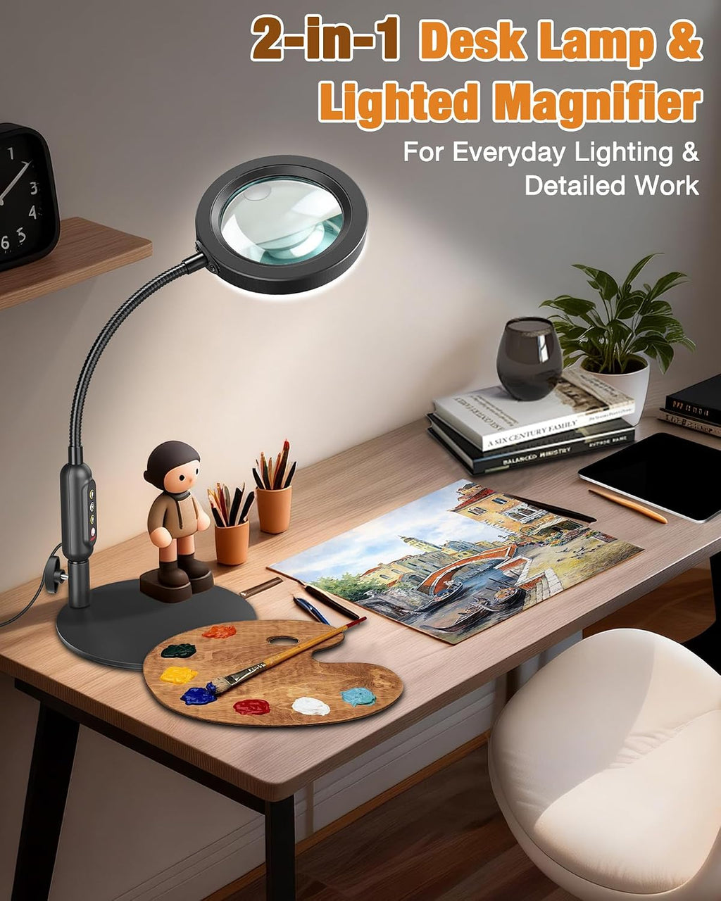 30X 10X Magnifying Glass with Light and Stand, 5 Color Modes Stepless Dimmable, Optical Grade HD Lens, LED Lighted