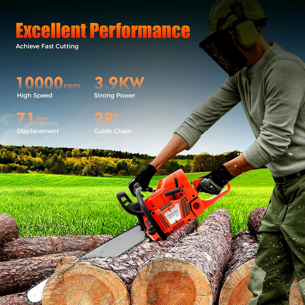 28 Inch Gas Powered Chainsaw,71CC 2-Stroke Handheld Cordless Petrol Chain Saw Trees Wood Cutting Gas ChainSaw