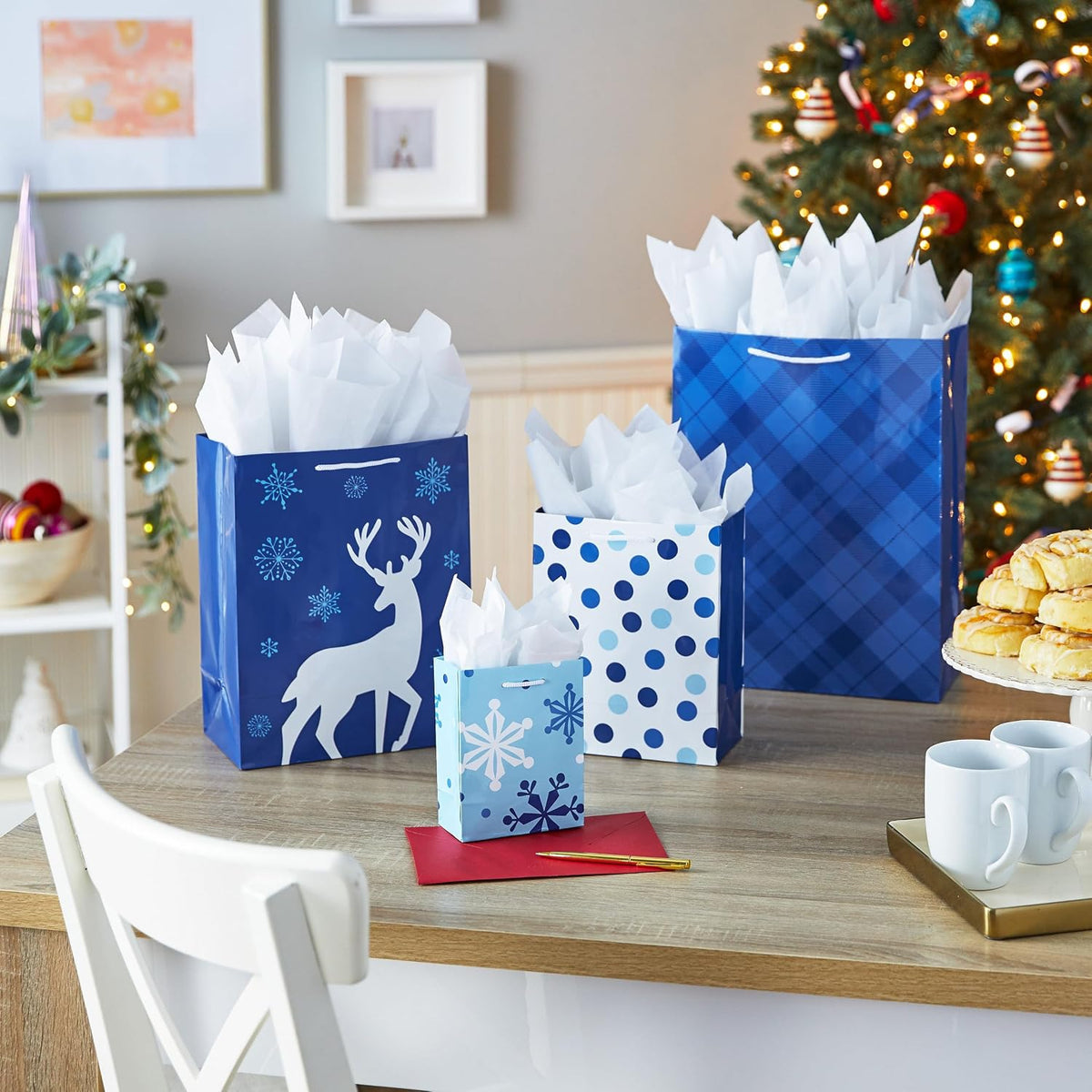 Image Arts Christmas Gift Bags, Assorted 16-Pack (Blue and White)