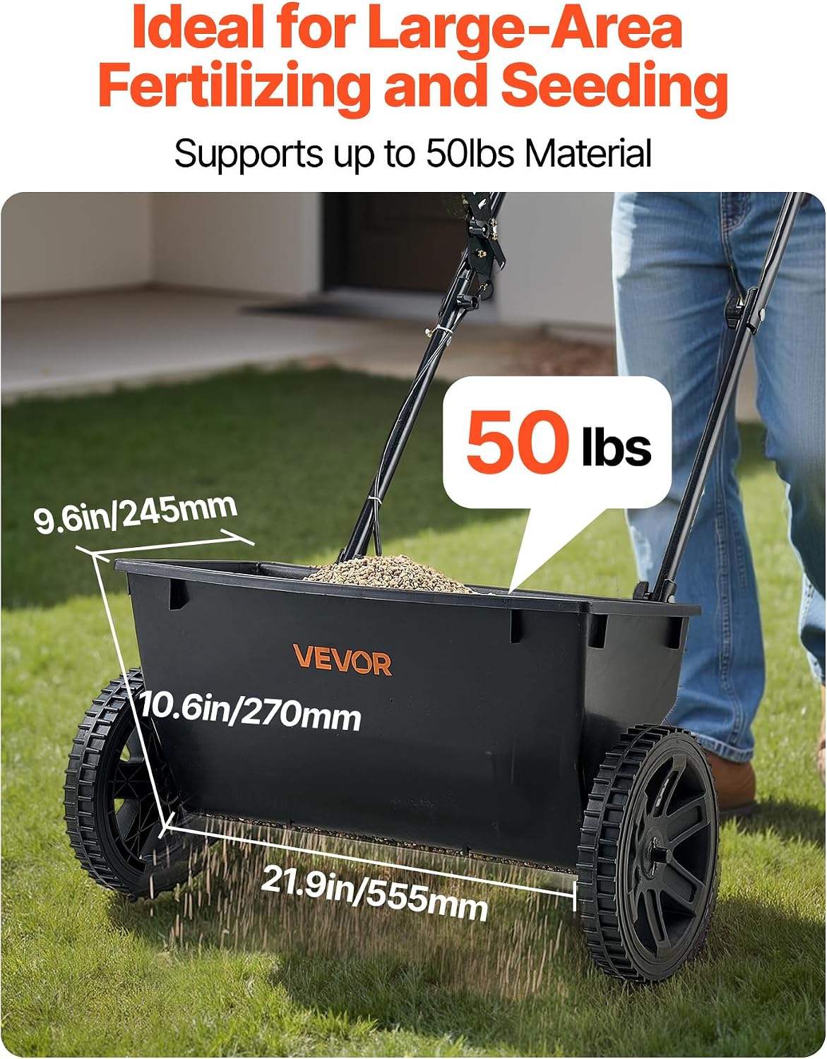 Broadcast Spreader, 50LBS Capacity, Drop Spreader with Hopper Grate, 18 in Spreading Width & 30 Settings, 10 in All