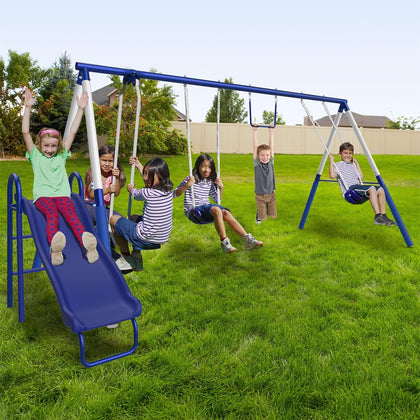Arcadia Metal Swing Set for Kids – Trapeze, 2-Person Glider, 5ft Slide, Anchor Kit, 6.1' Durable Steel Frame –