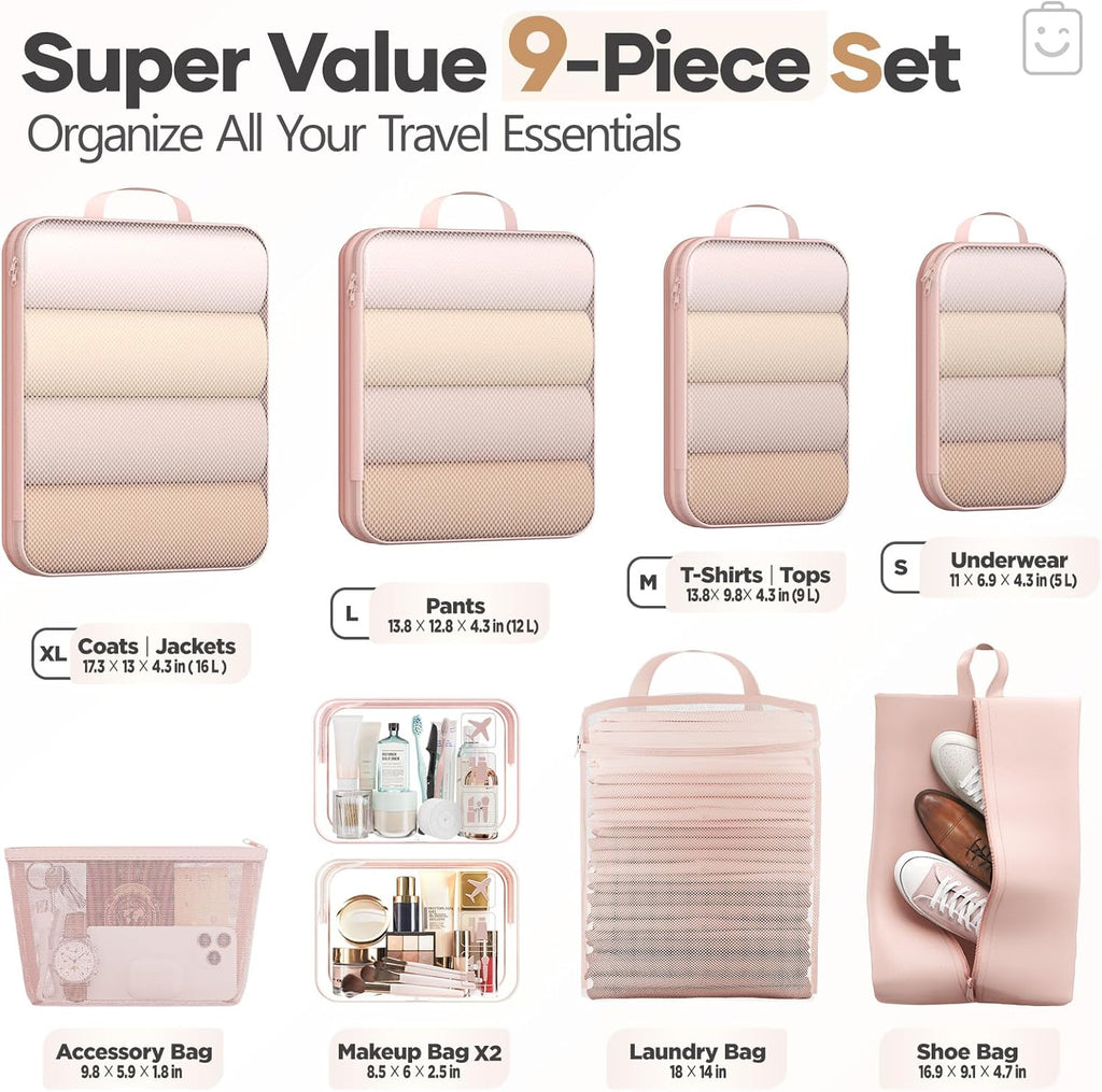 9/11 Set Compression Packing Cubes Garment Bags for Travel Essentials,Compressible Expandable Luggage Organizer Bags