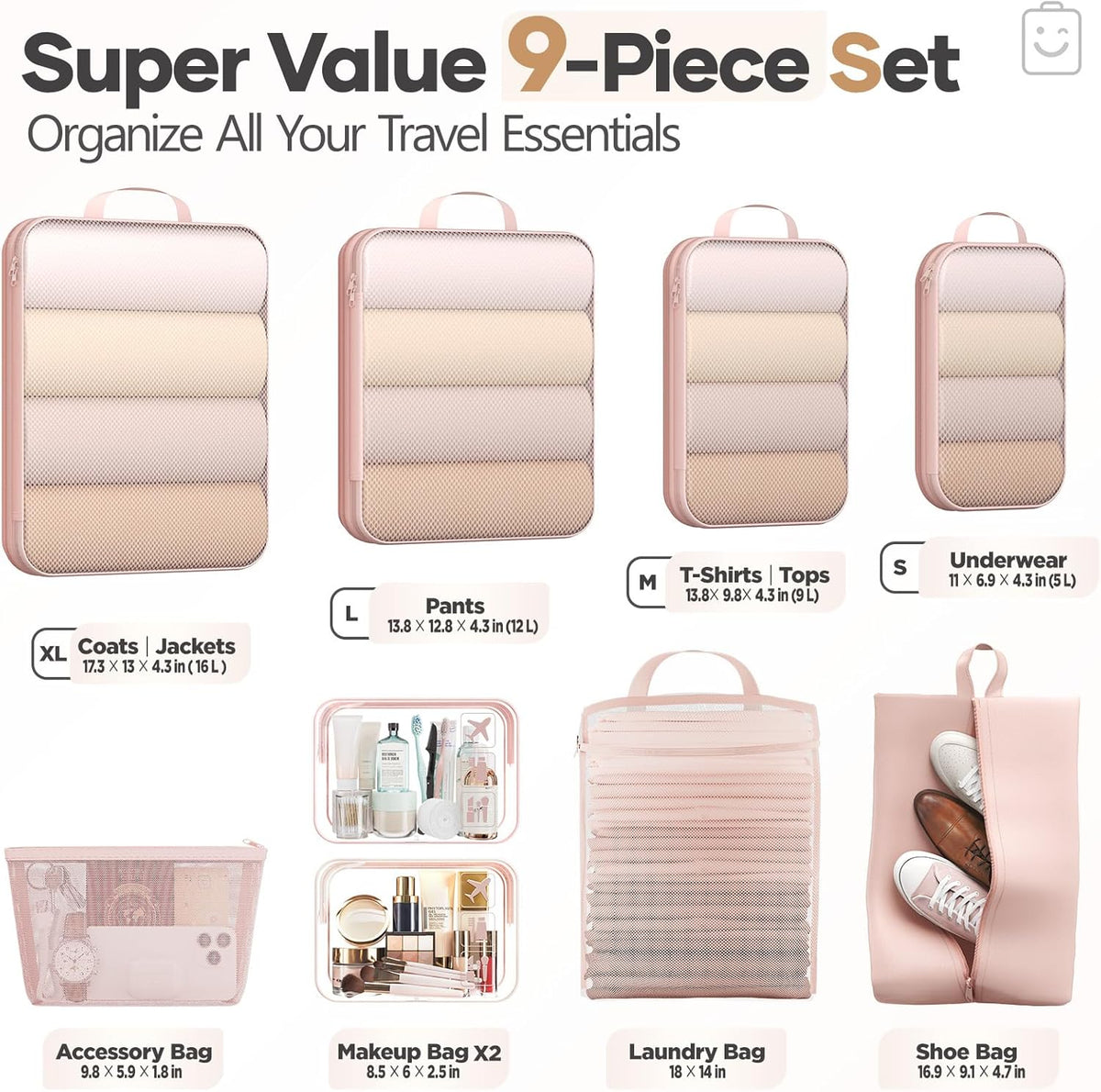 9/11 Set Compression Packing Cubes Garment Bags for Travel Essentials,Compressible Expandable Luggage Organizer Bags