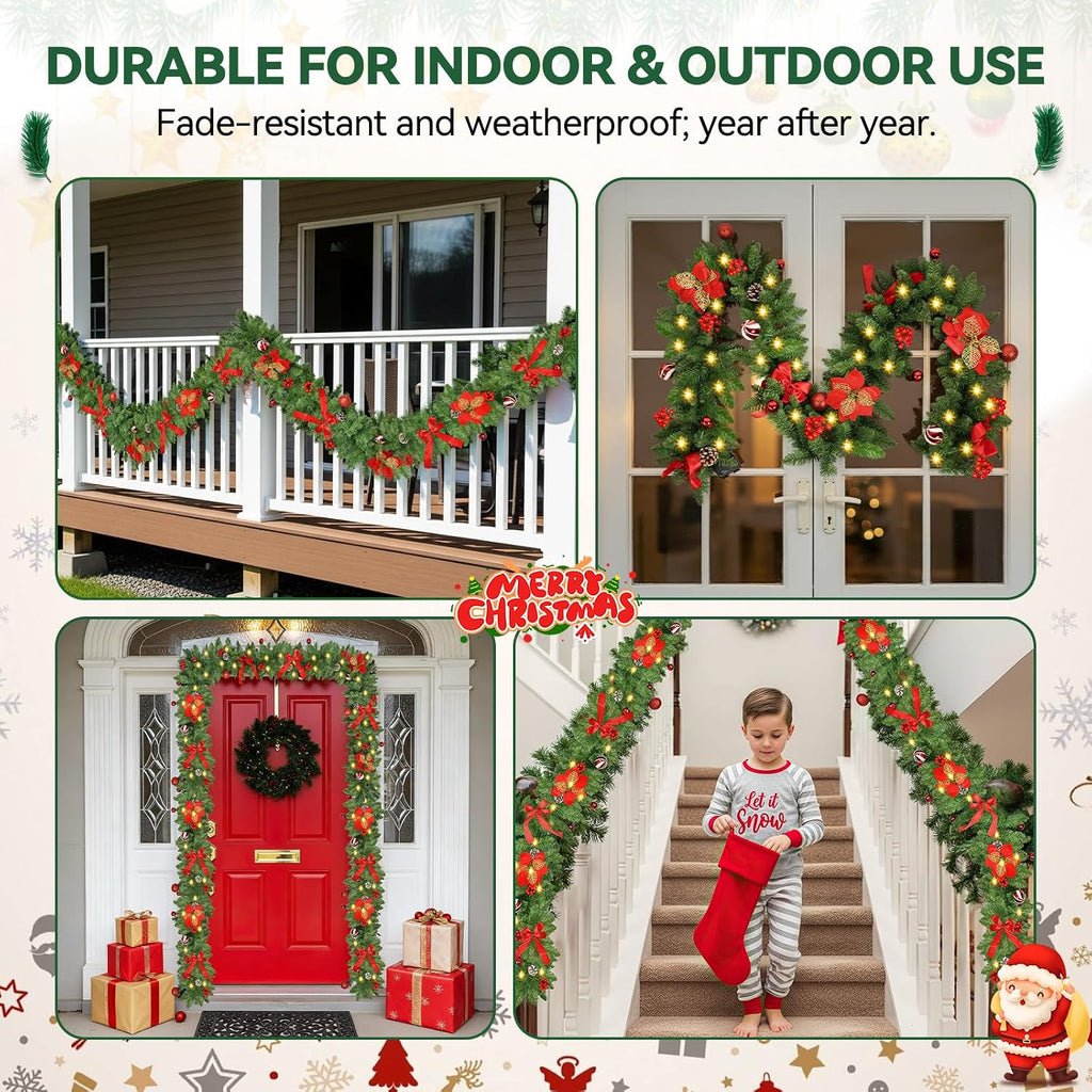 Christmas Garland with Lights, 9FT 30 LED Prelit Christmas Garland with Pinecones, Flowers, Bows, Outdoor Indoor
