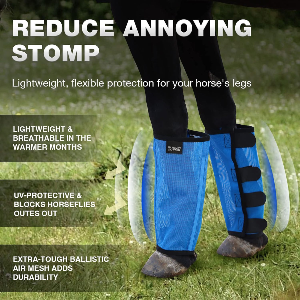 Loose Fitting Fly Boots UV-Protective Extra Tough Mesh Ventilated Four Fasteners Stay-on Design Protect Horse Legs &