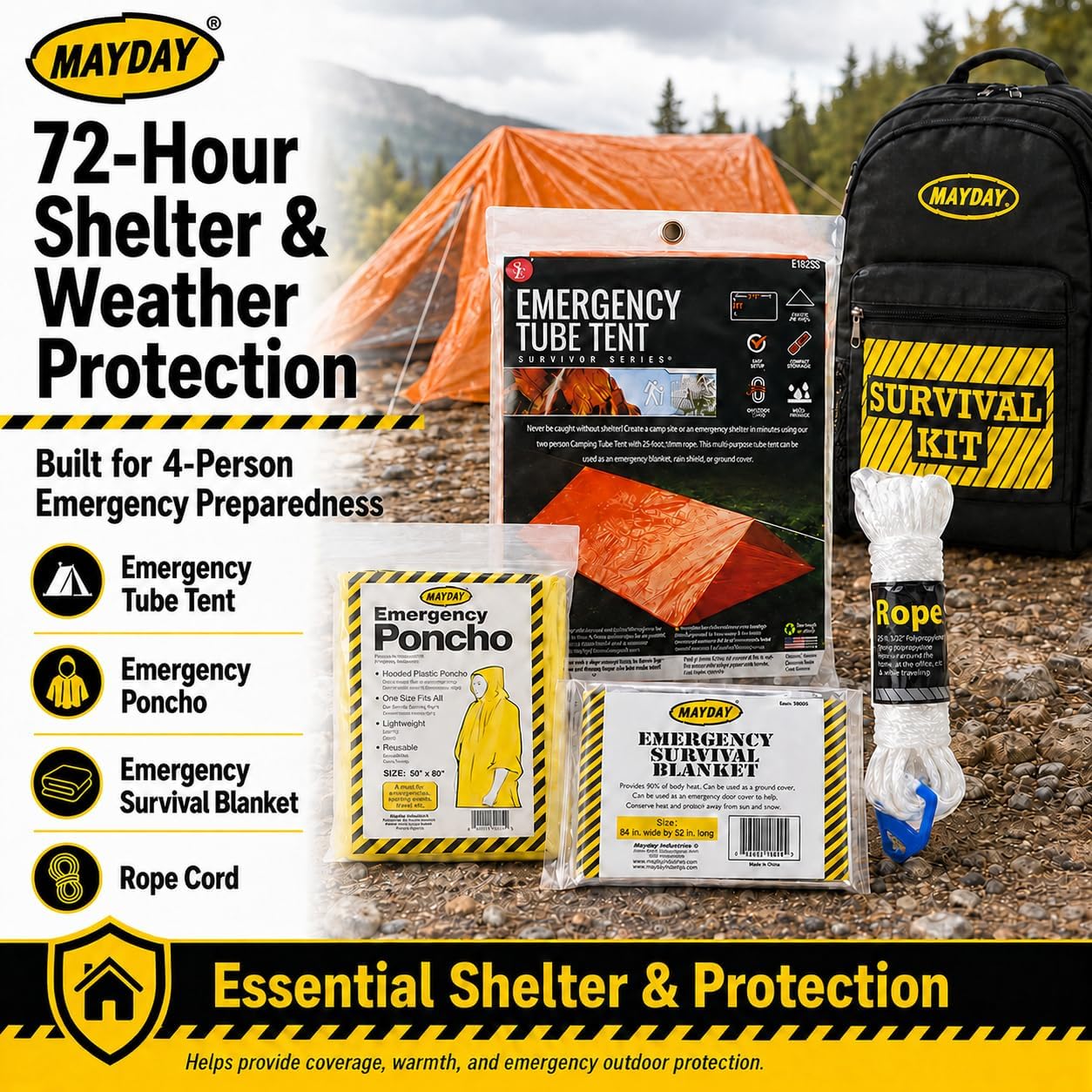 MayDay 13039 Deluxe 4-Person 3-Day Emergency Backpack | 72-Hour Survival Backpack with Food, Water, First Aid, Radio