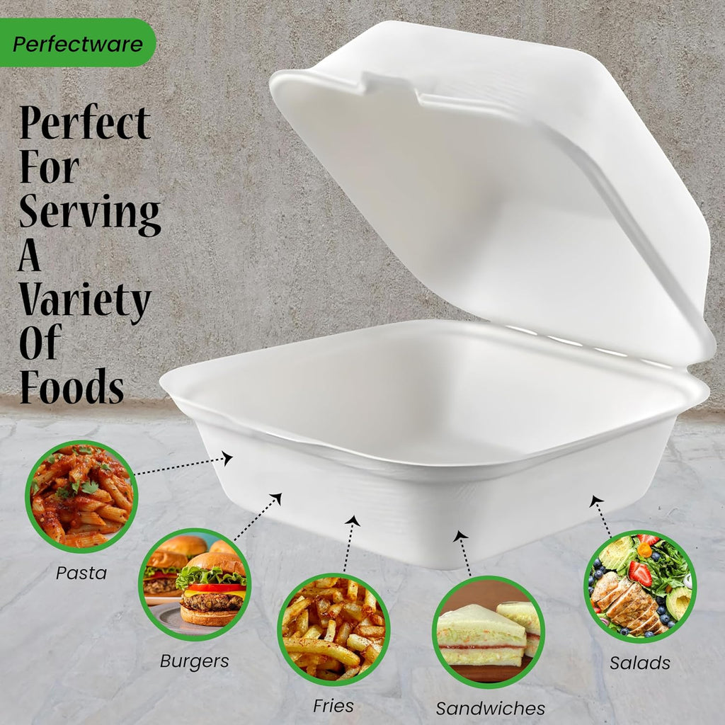 100% Compostable Clamshell Single Compartment Take Out Food Containers 6x6". 25 Containers, Natural Disposable