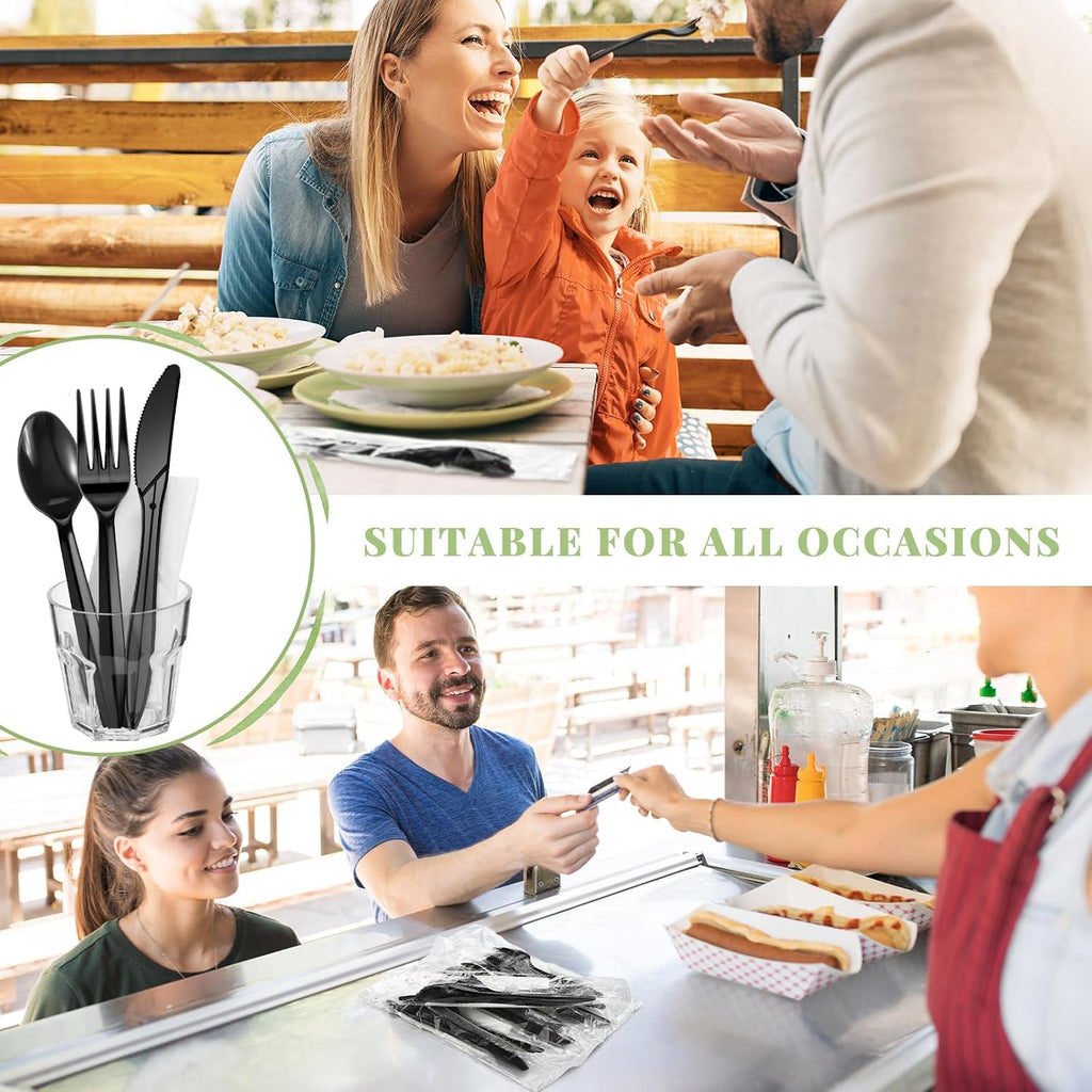 100 Set Plastic Silverware Knife Fork Spoon Napkin, Black